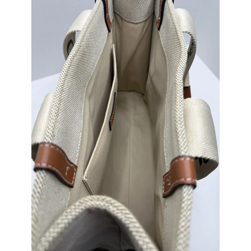 Chloé Woody Medium Tote Beige Canvas Brown Leather Logo Tote Bag Italy